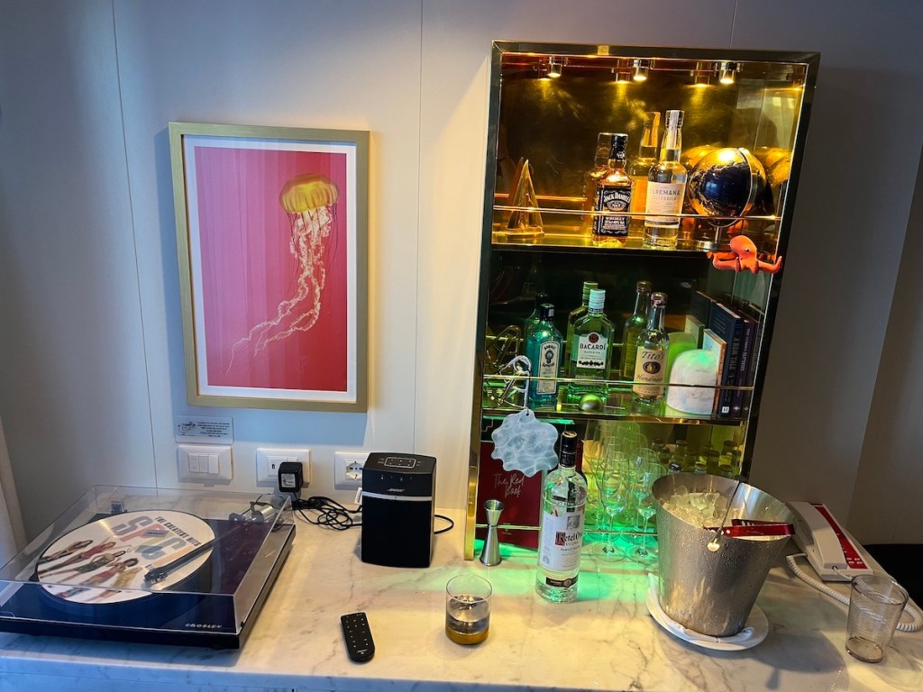 Bottomless bar in the Virgin Voyages Posh Suite.