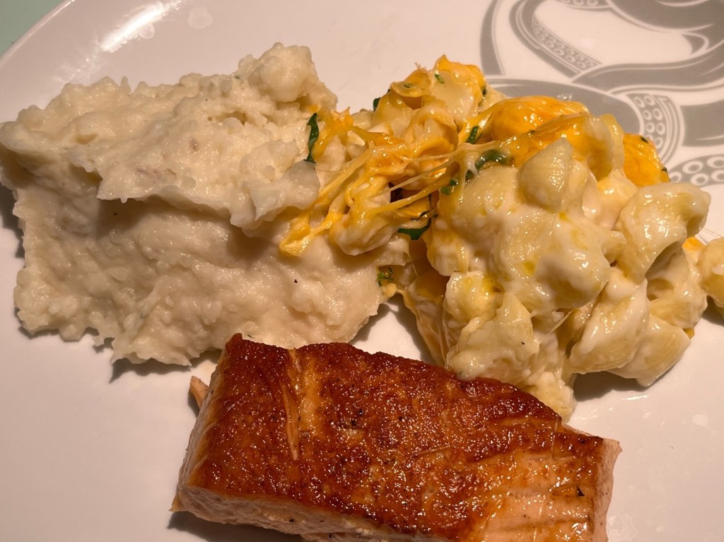 Image of salmon, potatoes, and mac and cheese at The Galley